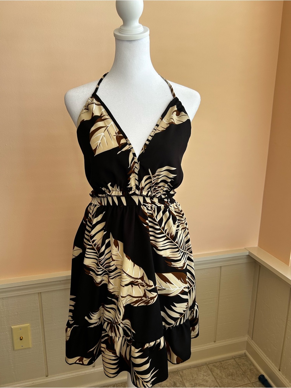Black and Cream Tropical Halter Dress